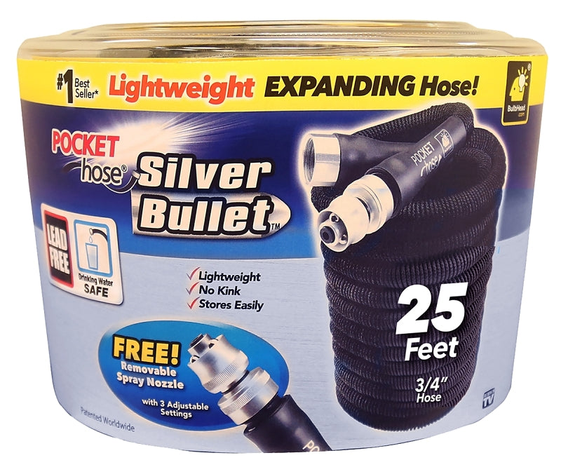 POCKET HOSE POCKET hose Silver Bullet 136436 Expanding Garden Hose, 3/4 in, 25 ft L, Plastic, Black