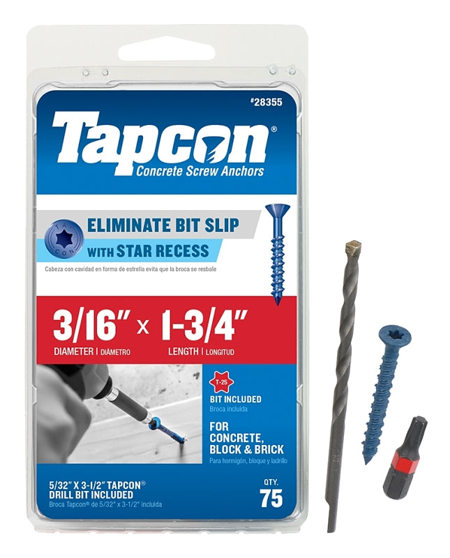 TAPCON Tapcon 28355 Concrete Screw Anchor, T25 Screw, 3/16 in Dia, 1-3/4 in L, Steel, Climaseal, 75/PK HARDWARE & FARM SUPPLIES TAPCON