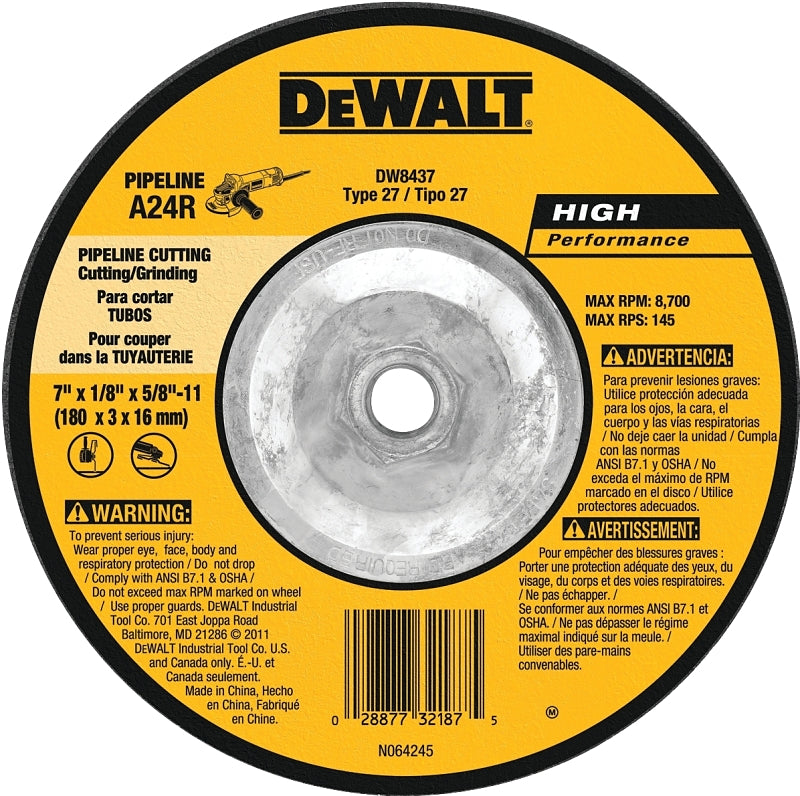 DEWALT DEWALT DW8437 Grinding Wheel, 7 in Dia, 1/8 in Thick, 5/8-11 in Arbor, 24 Grit, Very Coarse, Aluminum Oxide Abrasive TOOLS DEWALT