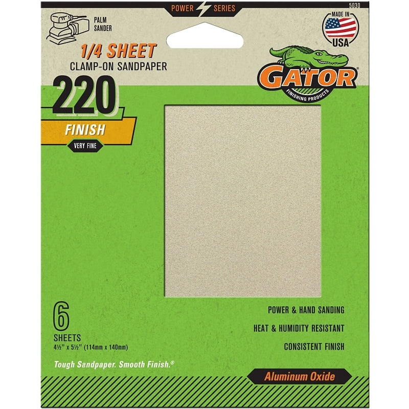 GATOR Gator 5030 Sanding Sheet, 4-1/2 in W, 5-1/2 in L, 220 Grit, Extra Fine, Aluminum Oxide Abrasive, Paper Backing TOOLS GATOR