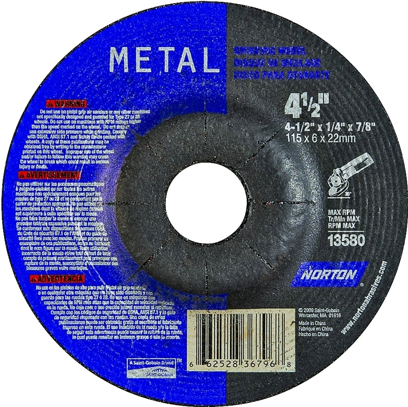 NORTON Norton 66252836796 Grinding Wheel, Applicable Materials: Carbon Steel, Stainless Steel, 4-1/2 in Dia, 1/4 in Thick TOOLS NORTON