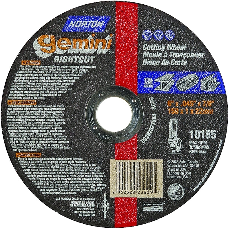 NORTON Norton 66252823604 Cut-Off Wheel, 6 in Dia, 0.045 in Thick, 7/8 in Arbor, 36 Grit, Coarse, Aluminum Oxide Abrasive