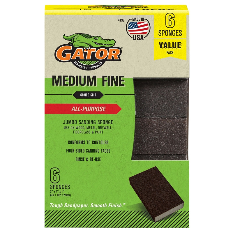 GATOR Gator 4199 Sanding Sponge Combo, 4 in L, 3 in W, Fine, Medium, Aluminum Oxide Abrasive BUILDING MATERIALS GATOR