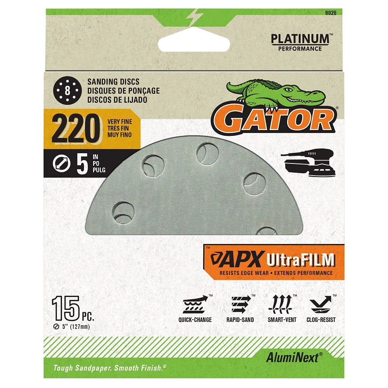 GATOR Gator Shopsmith 9026 Sanding Disc, 5 in Dia, 320 Grit, Very Fine, Aluminum Oxide Abrasive, Film Backing, Vented TOOLS GATOR