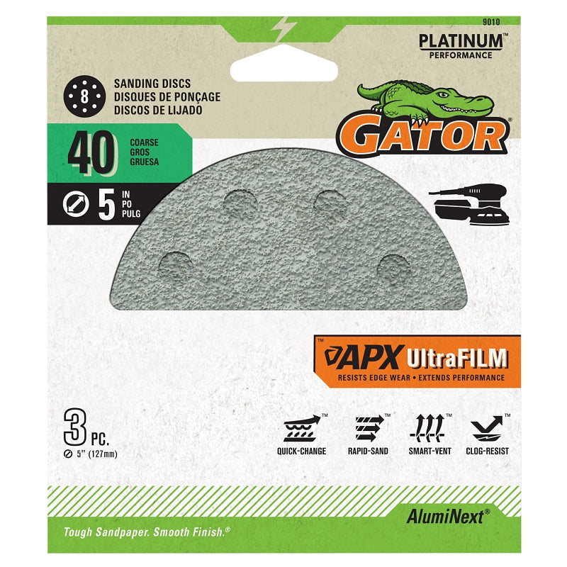 GATOR Gator 9010 Sanding Disc, 5 in Dia, 40 Grit, Coarse, Aluminum Oxide Abrasive, 8-Hole