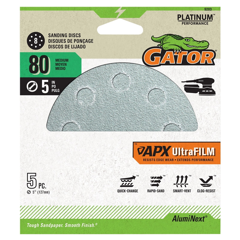 GATOR Gator 9203 Sanding Disc, 5 in Dia, 80 Grit, Medium, Alumina Ceramic Abrasive, Ultra Film Backing, 8-Hole