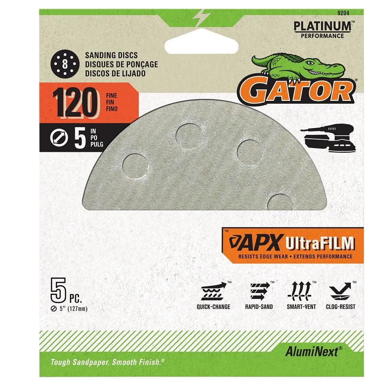 GATOR Gator 9204 Sanding Disc, 5 in Dia, 120 Grit, Aluminum Oxide Abrasive, Ultra Film Backing, 8-Hole