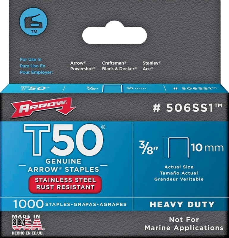 ARROW Arrow T50 Series 506SS1 Staple, For: HT 50A, T50, T5 Stapler, 3/8 in W Crown, 3/8 in L Leg