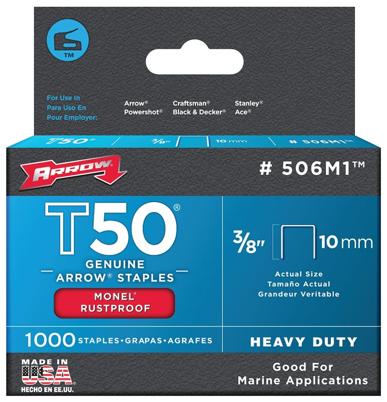 ARROW Arrow 506M1 Staple, T50 Staple, 3/8 in W Crown, 3/8 in L Leg, Monel Staple