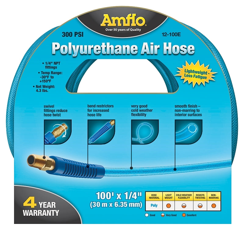 AMFLO Amflo 12-100E Air Hose, 1/4 in OD, 100 ft L, MNPT, 300 psi Pressure, Polyurethane, Blue
