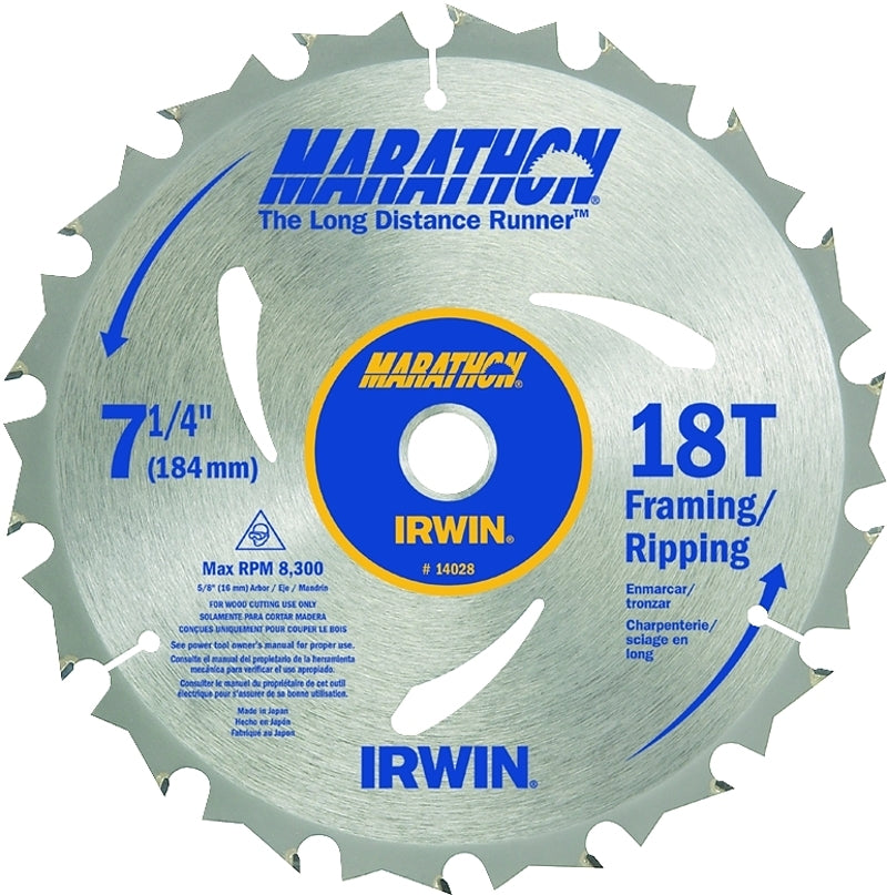 IRWIN Irwin Marathon 14028 Circular Saw Blade, 18-Teeth, 7-1/4 in Dia, 5/8 in Arbor, Carbide Cutting Edge TOOLS IRWIN