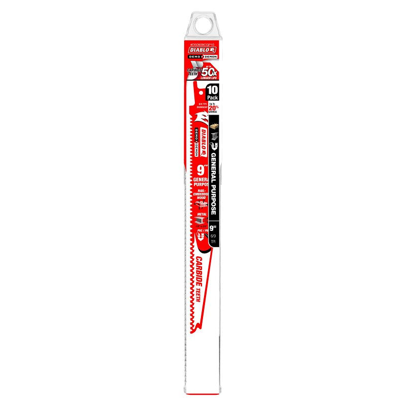 DIABLO Diablo Demo Demon DS0909CGP10 Reciprocating Saw Blade, 1 in W, 9 in L, 6, 9 TPI, Carbide Cutting Edge