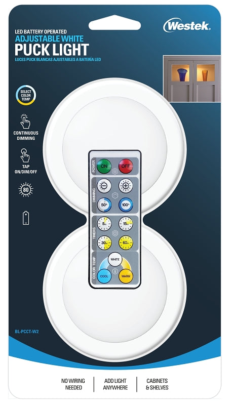 WESTEK Westek BL-PCCT-W2 Series Adjustable Puck Light, 3.37 in Dia, AA Battery, LED Lamp, 80 Lumens, White, 2/CD