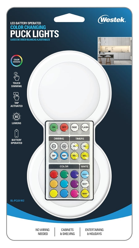 WESTEK Westek BL-PCLR-W2 Color-Changing Adjustable Puck Light, AA Battery, LED Lamp, 80 Lumens, White ELECTRICAL WESTEK