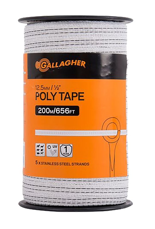 GALLAGHER POWER FENCE, Gallagher G62304 Electric Fence Tape, 656 ft L, 1/2 in W, Stainless Steel Conductor, Polyethylene, White