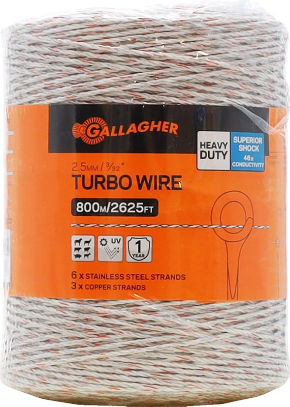 GALLAGHER POWER FENCE, Gallagher G62089 Turbo Wire, 7.5 kV, Copper/Stainless Steel Conductor, Poly Insulation, 2624 ft L