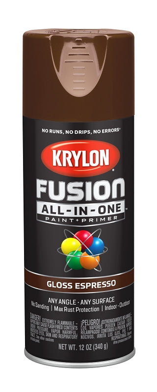 KRYLON Krylon K02707007 Spray Paint, 12 oz Can, 25 sq-ft Coverage Area, Acrylic Base, Gloss, Espresso, Exterior, Interior