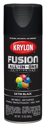 KRYLON Krylon K02732007 Spray Paint, 12 oz Can, 25 sq-ft Coverage Area, Acrylic Base, Satin, Black, Exterior, Interior