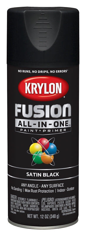 KRYLON Krylon K02732007 Spray Paint, 12 oz Can, 25 sq-ft Coverage Area, Acrylic Base, Satin, Black, Exterior, Interior