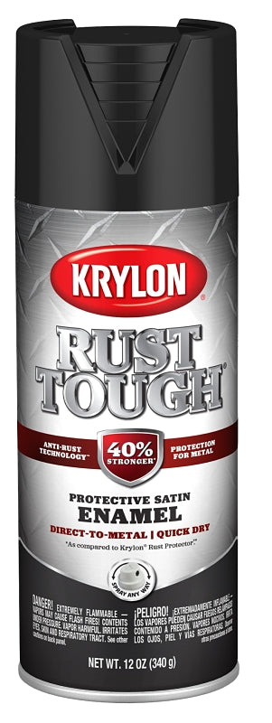 KRYLON Krylon Rust Tough K09269008 Enamel Spray Paint, Satin, Black, 12 oz, Can PAINT KRYLON