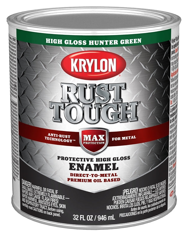 KRYLON Krylon Rust Tough K09714008 Rust Preventative Paint, Gloss Sheen, Hunter Green, 1 qt, 400 sq-ft/gal Coverage Area