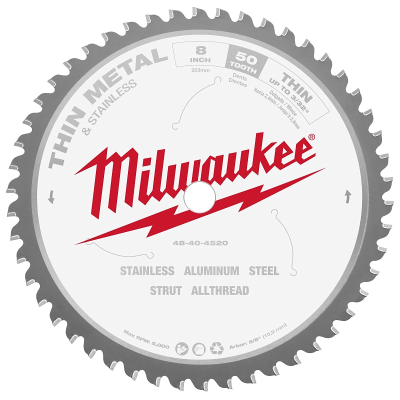 MILWAUKEE Milwaukee 48-40-4520 Circular Saw Blade, 8 in Dia, 5/8 in Arbor, 50-Teeth, Cement Cutting Edge
