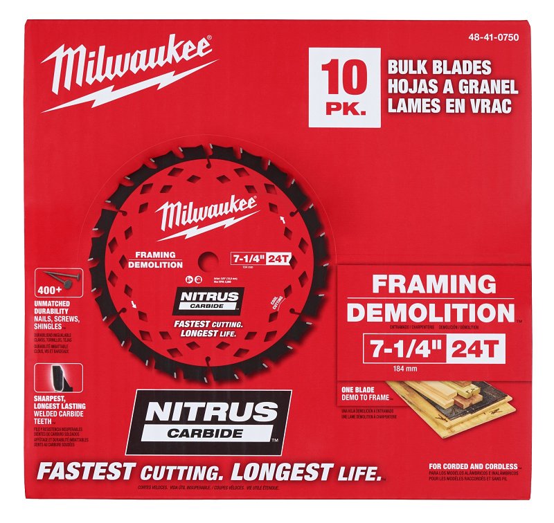MILWAUKEE Milwaukee 48-41-0750 Circular Saw Blade, 7-1/4 in Dia, 5/8 in Arbor, 24-Teeth, NITRUS Carbide Cutting Edge TOOLS MILWAUKEE