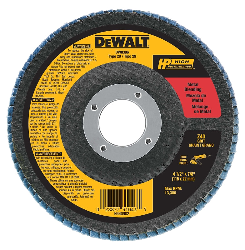 DEWALT DEWALT DW8306 Flap Disc, 4-1/2 in Dia, 7/8 in Arbor, Coated, 40 Grit, Coarse, Zirconium Oxide Abrasive TOOLS DEWALT