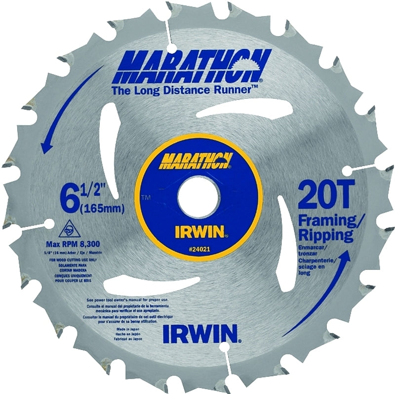 IRWIN Irwin Marathon 24021 Circular Saw Blade, 6-1/2 in Dia, 5/8 in Arbor, 20-Teeth, Carbide Cutting Edge