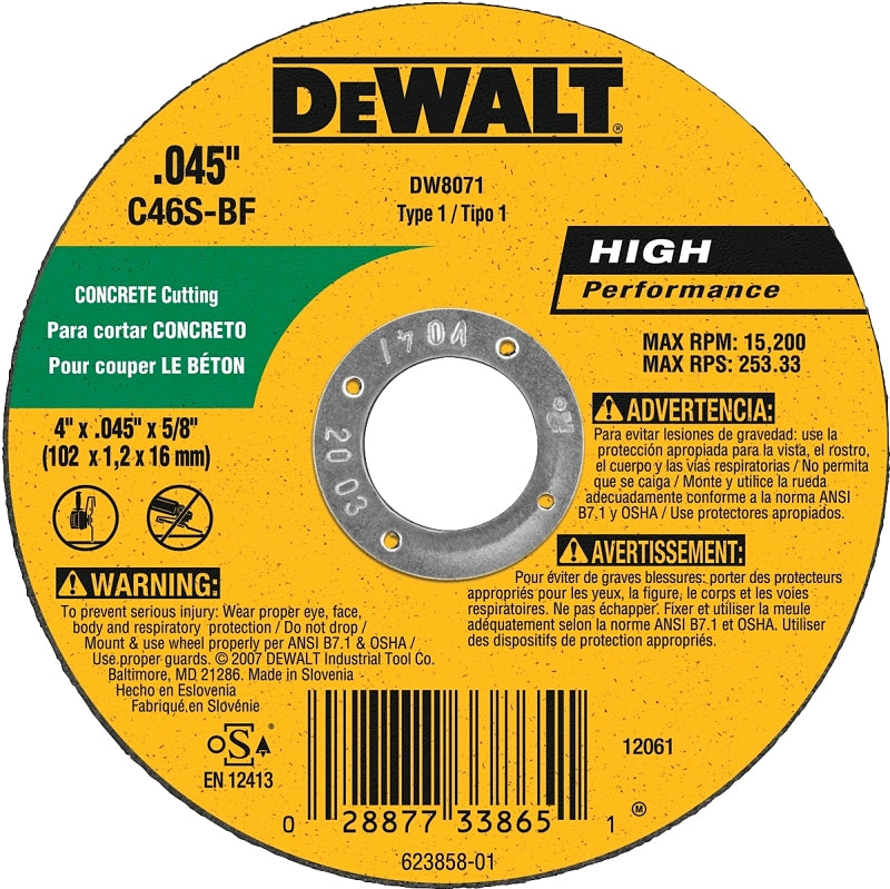 DEWALT DEWALT DW8071 Cutting Wheel, 4 in Dia, 0.045 in Thick, 5/8 in Arbor, Medium, Silicone Carbide Abrasive