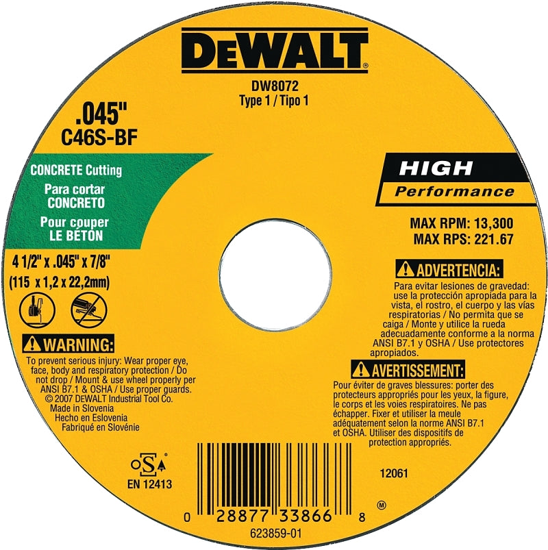 DEWALT DEWALT DW8072 Cutting Wheel, 4-1/2 in Dia, 0.045 in Thick, 7/8 in Arbor, Medium, Silicone Carbide Abrasive TOOLS DEWALT