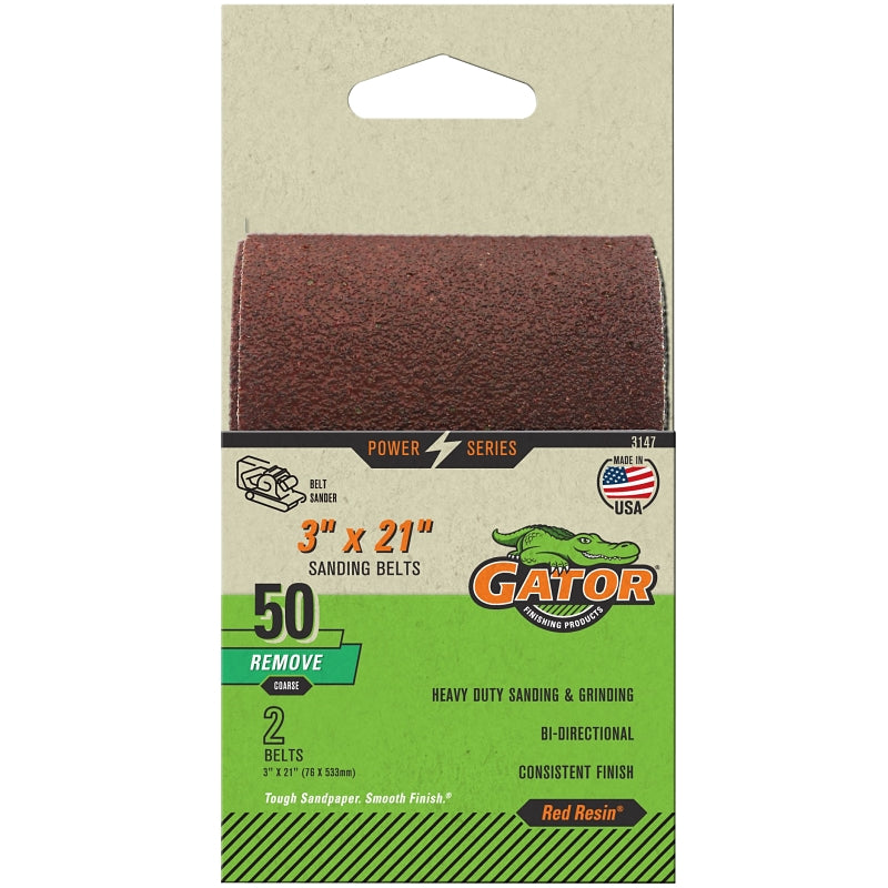 GATOR Gator Red Resin 3147 Sanding Belt, 3 in W, 21 in L, 50 Grit, Coarse, Aluminum Oxide Abrasive