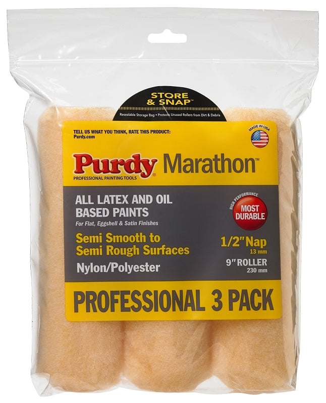 PURDY Purdy 14F861100 Roller Cover, 1/2 in Thick Nap, 9 in L, Nylon/Polyester Cover, 3/PK PAINT PURDY