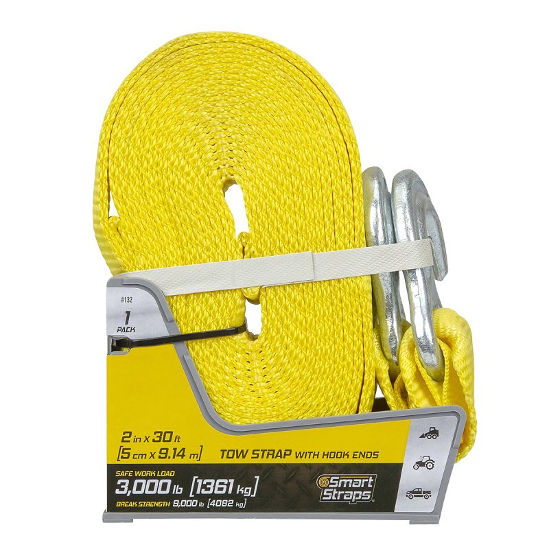 SMARTSTRAP SmartStrap 132 Tow Strap, 3000 lb, 2 in W, 30 ft L, Hook End, Nylon, Yellow AUTOMOTIVE SMARTSTRAP