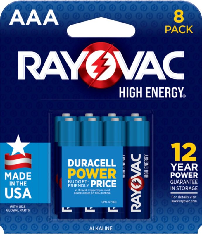RAYOVAC Rayovac High Energy 824-8T1 Battery, 1.5 V Battery, 1100 mAh, AAA Battery, Alkaline ELECTRICAL RAYOVAC