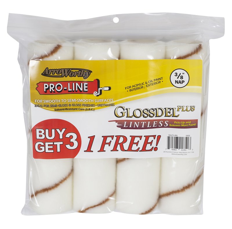 ARROWORTHY Arroworthy 9GLP3-4PK Roller Cover, 3/8 in Thick Nap, 9 in L, Synthetic Cover, White