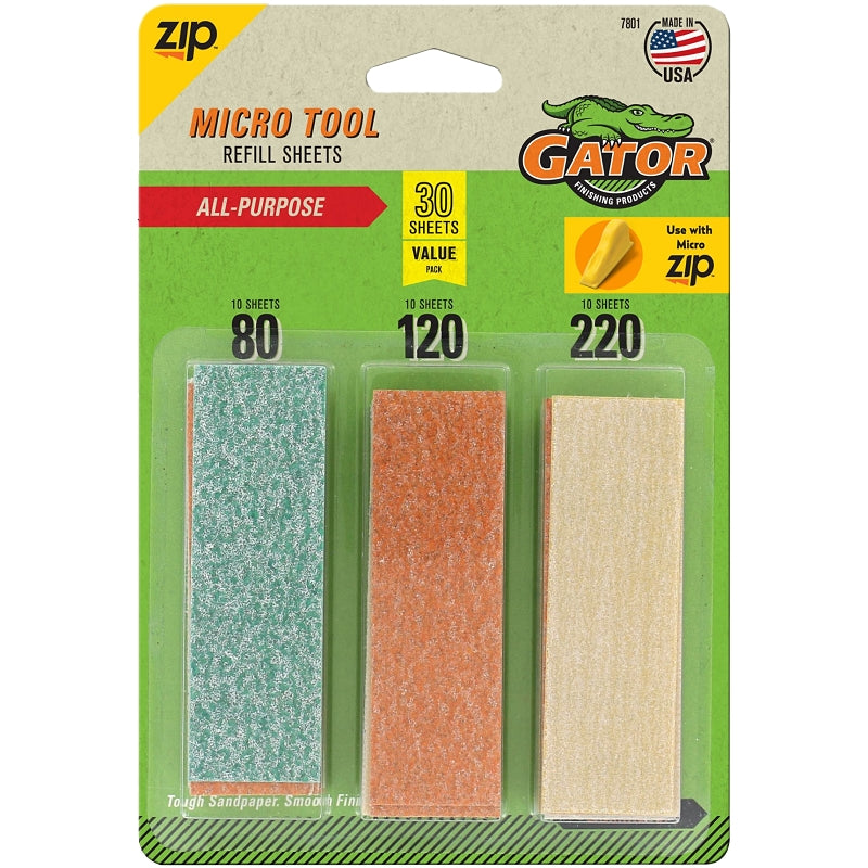 GATOR Gator MicroZip 7801 Refill Sheet, 3-1/2 in L, 1 in W, Extra Fine, Fine, Medium, 80 Grit, Aluminum Oxide Abrasive PAINT GATOR