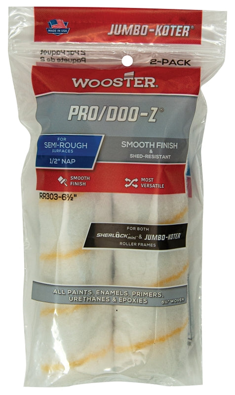 WOOSTER BRUSH Wooster RR303-6 1/2 Roller Cover, White, 1/2 in Thick Nap, 6-1/2 in L, Woven Fabric Cover, 2/PK PAINT WOOSTER BRUSH