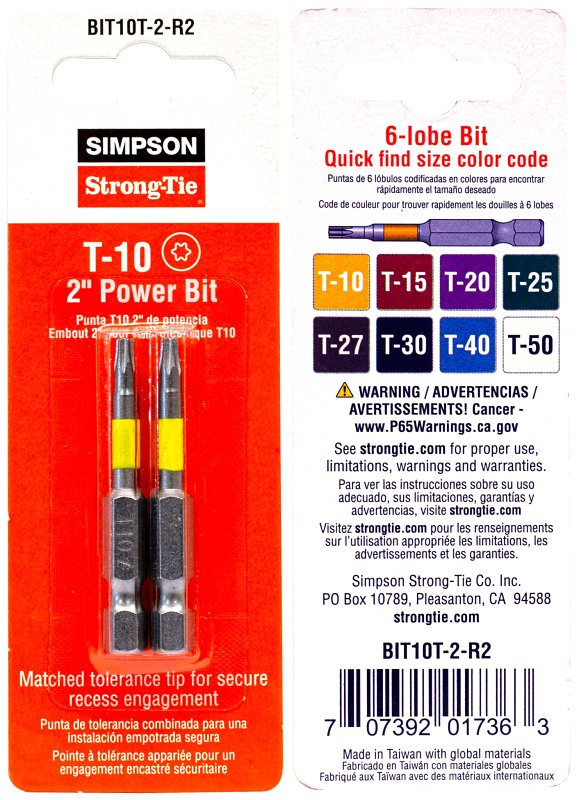 SIMPSON STRONG-TIE Simpson Strong-Tie BIT10T-2-R2 Driver Bit, T10 6-Lobe Drive, 2 in L HARDWARE & FARM SUPPLIES SIMPSON STRONG-TIE