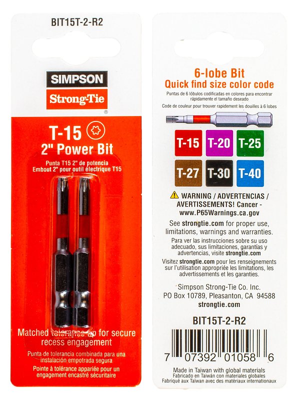 SIMPSON STRONG-TIE Simpson Strong-Tie BIT15T-2-R2 Driver Bit, T15 Drive, 6-Lobe Drive, 2 in L, Steel HARDWARE & FARM SUPPLIES SIMPSON STRONG-TIE