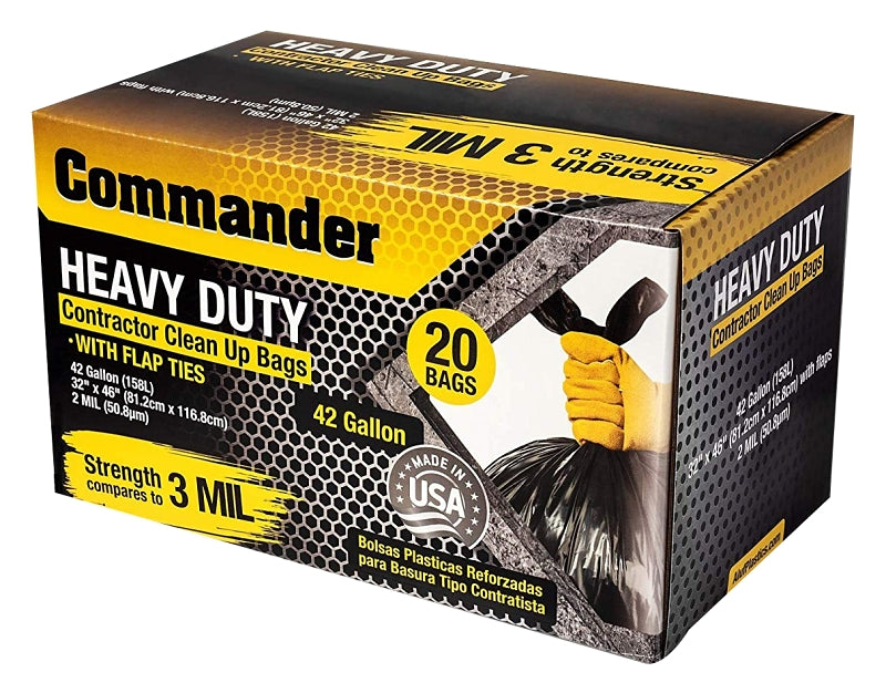 COMMANDER Commander 3MCON20 Heavy-Duty Contractor Clean-Up Bag, 42 gal, Polyethylene, Black