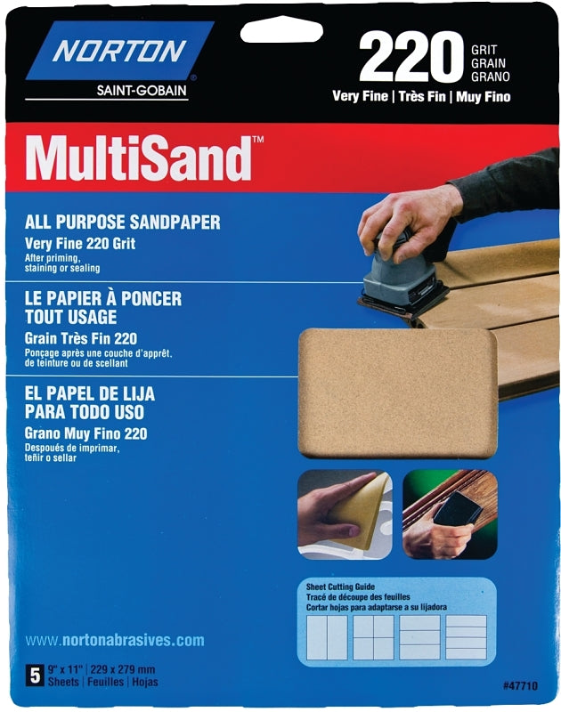 NORTON Norton MultiSand 07660747710 Sanding Sheet, 11 in L, 9 in W, Very Fine, 220 Grit, Aluminum Oxide Abrasive, Paper Backing PAINT NORTON