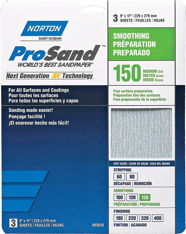 NORTON Norton ProSand 07660768160 Sanding Sheet, Tan, 11 in L, 9 in W, Medium, 150 Grit, Aluminum Oxide Abrasive