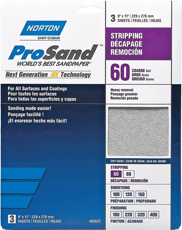 NORTON Norton ProSand 07660768164 Sanding Sheet, 11 in L, 9 in W, Coarse, 60 Grit, Aluminum Oxide Abrasive, Paper Backing PAINT NORTON