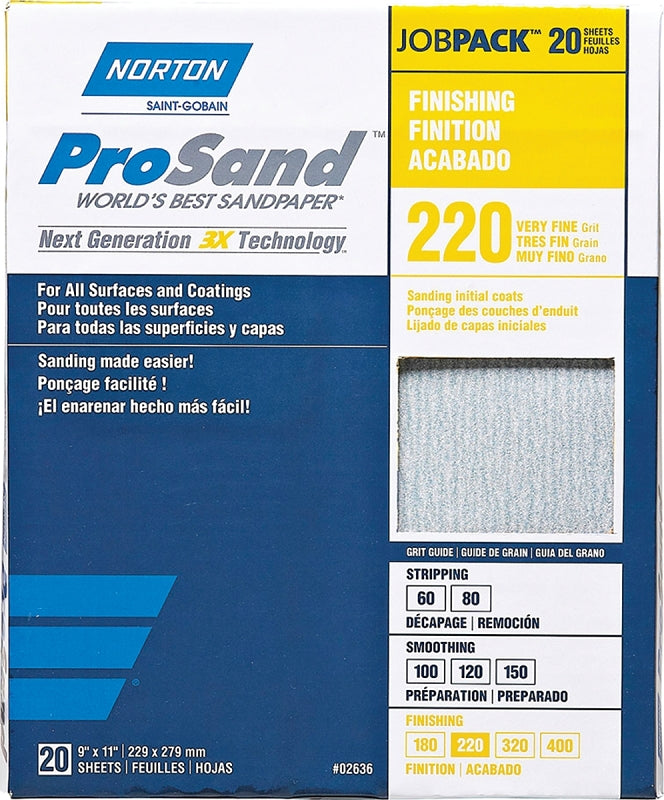 NORTON Norton ProSand 07660768167 Sanding Sheet, Tan, 11 in L, 9 in W, Very Fine, 220 Grit, Aluminum Oxide Abrasive