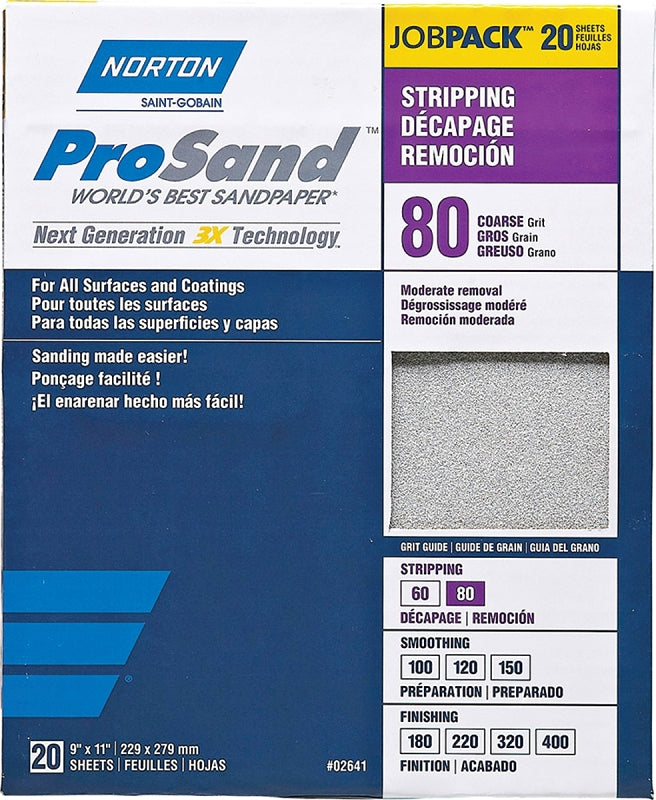 NORTON Norton ProSand 07660768174 Sanding Sheet, Tan, 11 in L, 9 in W, Coarse, 80 Grit, Aluminum Oxide Abrasive, Paper Backing