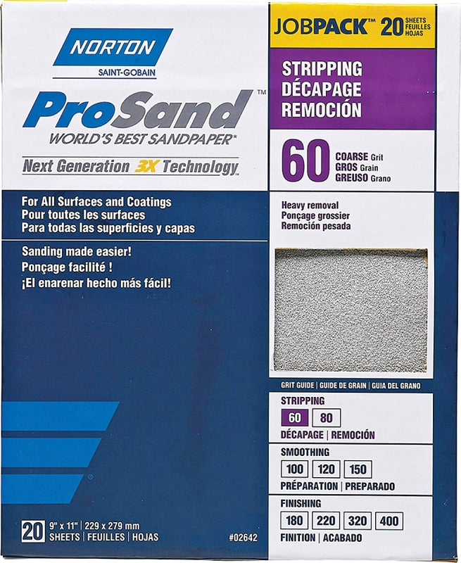 NORTON Norton ProSand 07660768175 Sanding Sheet, Tan, 11 in L, 9 in W, Coarse, 60 Grit, Aluminum Oxide Abrasive, Paper Backing PAINT NORTON