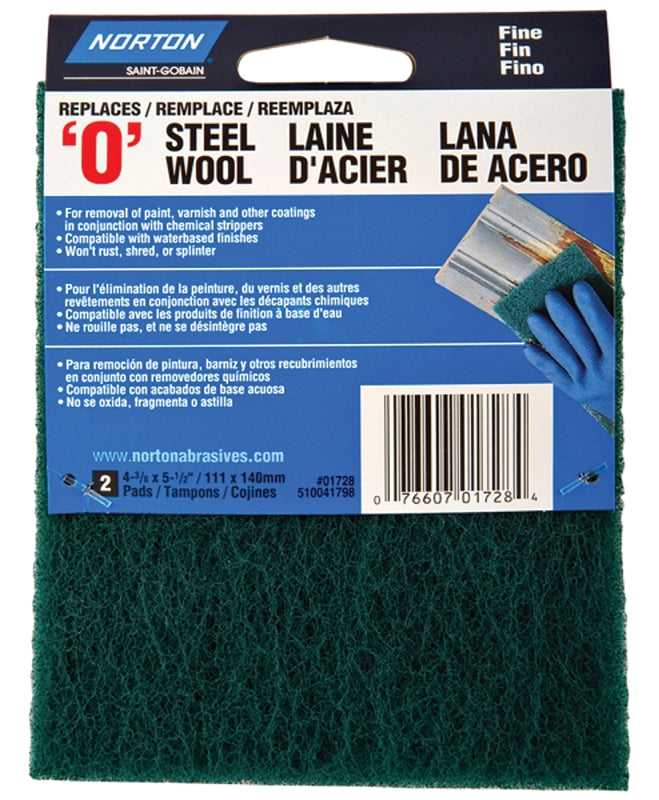 NORTON Norton 01728 Steel Wool, 4-3/8 in L, 5-1/2 in W, #0 Grit, Fine, Green PAINT NORTON