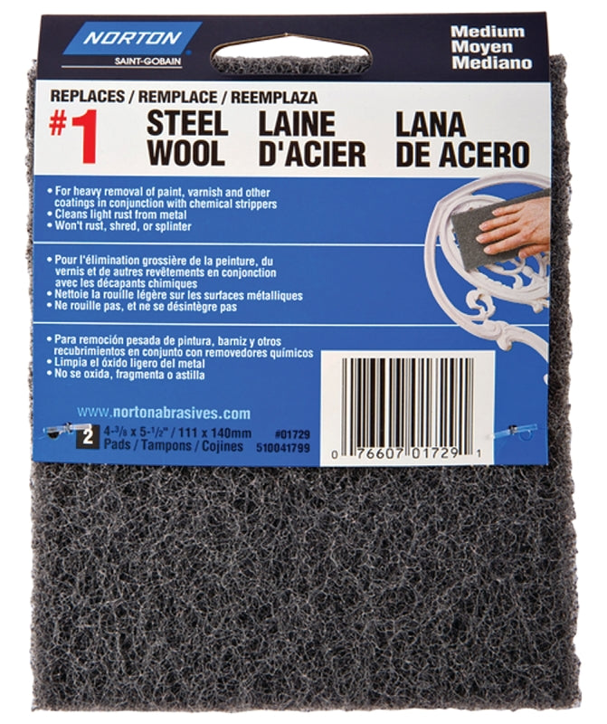 NORTON Norton 01729 Steel Wool, 4-3/8 in L, 5-1/2 in W, #1 Grit, Medium, Charcoal