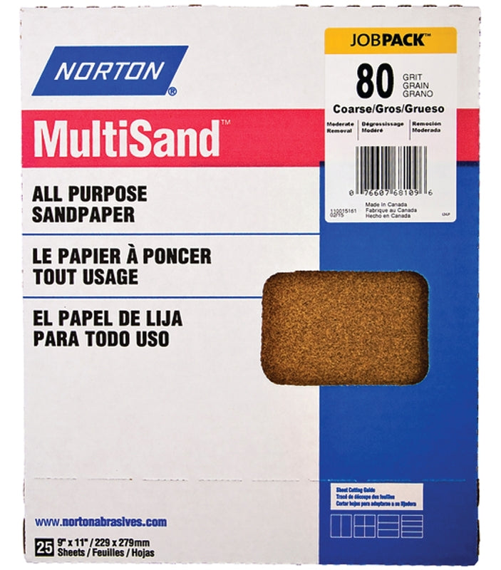 NORTON Norton MultiSand 07660768109 Sanding Sheet, Brown, 11 in L, 9 in W, Coarse, 80 Grit, Aluminum Oxide Abrasive